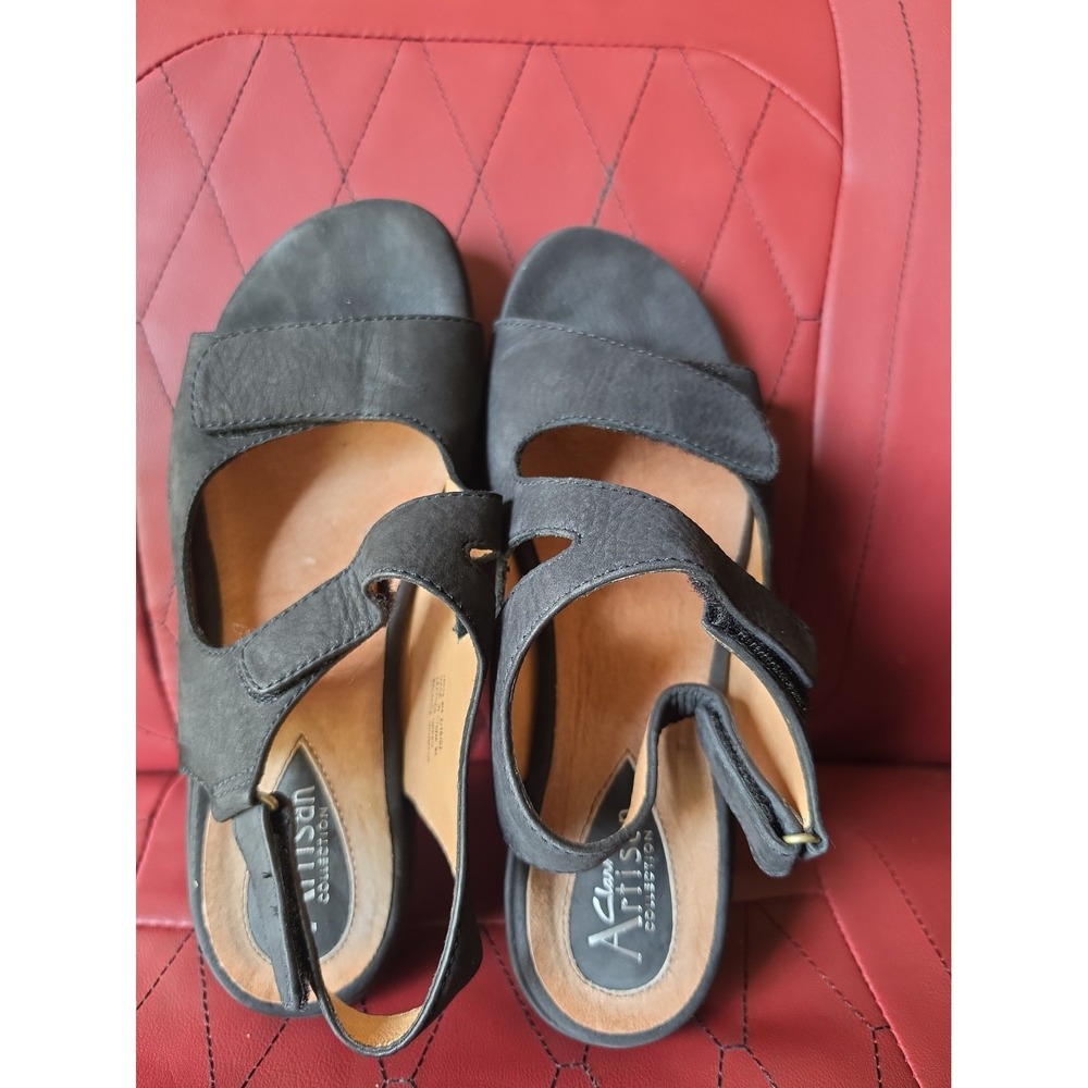 Clarks Artisan Black Leather Sandals Womens 8 M Strappy Comfort Dressy Wedge Low